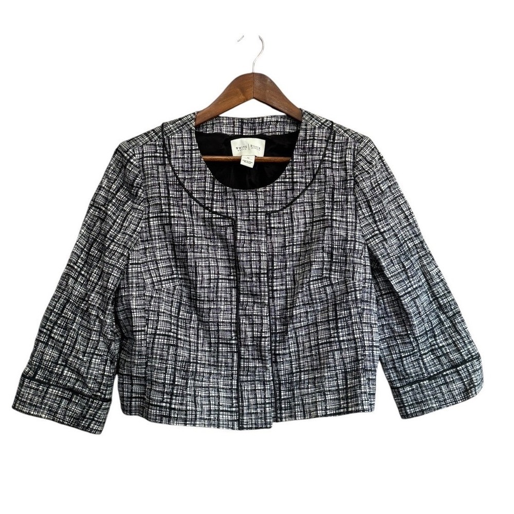 White House Black Market Blazer Women 12 Black White Excellent Cropped Tweed